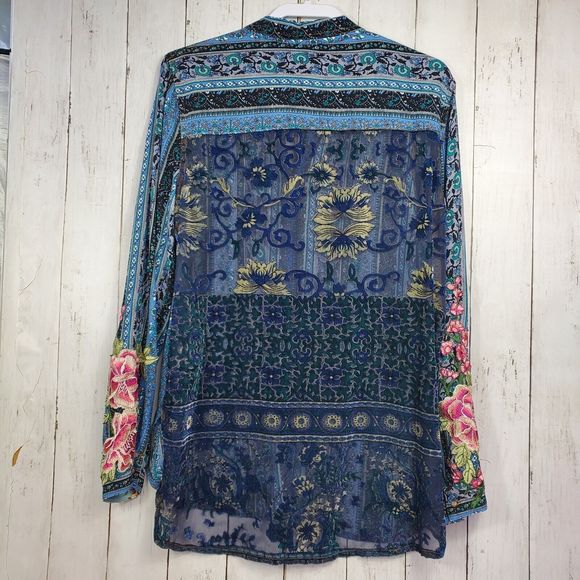 Aratta Silent Journey Embroidered Floral Blouse Tunic Womens Large Blue Boho EUC - Picture 8 of 16